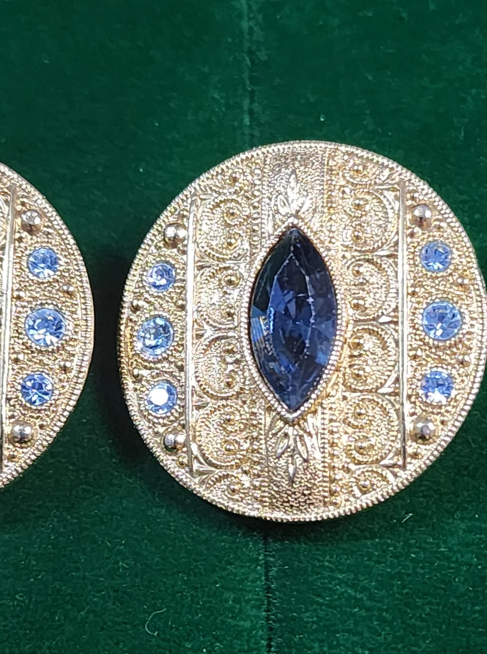 Vintage 80s Gold Tone Filigree Clip On Earrings Blue Rhinestone Oval Statement